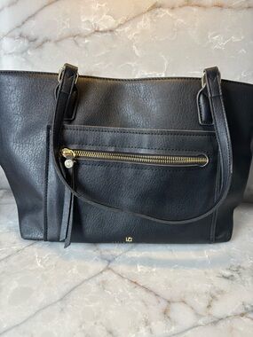 Liz Claiborne Black Leather Shoulder Tote with Front Zip Pocket
